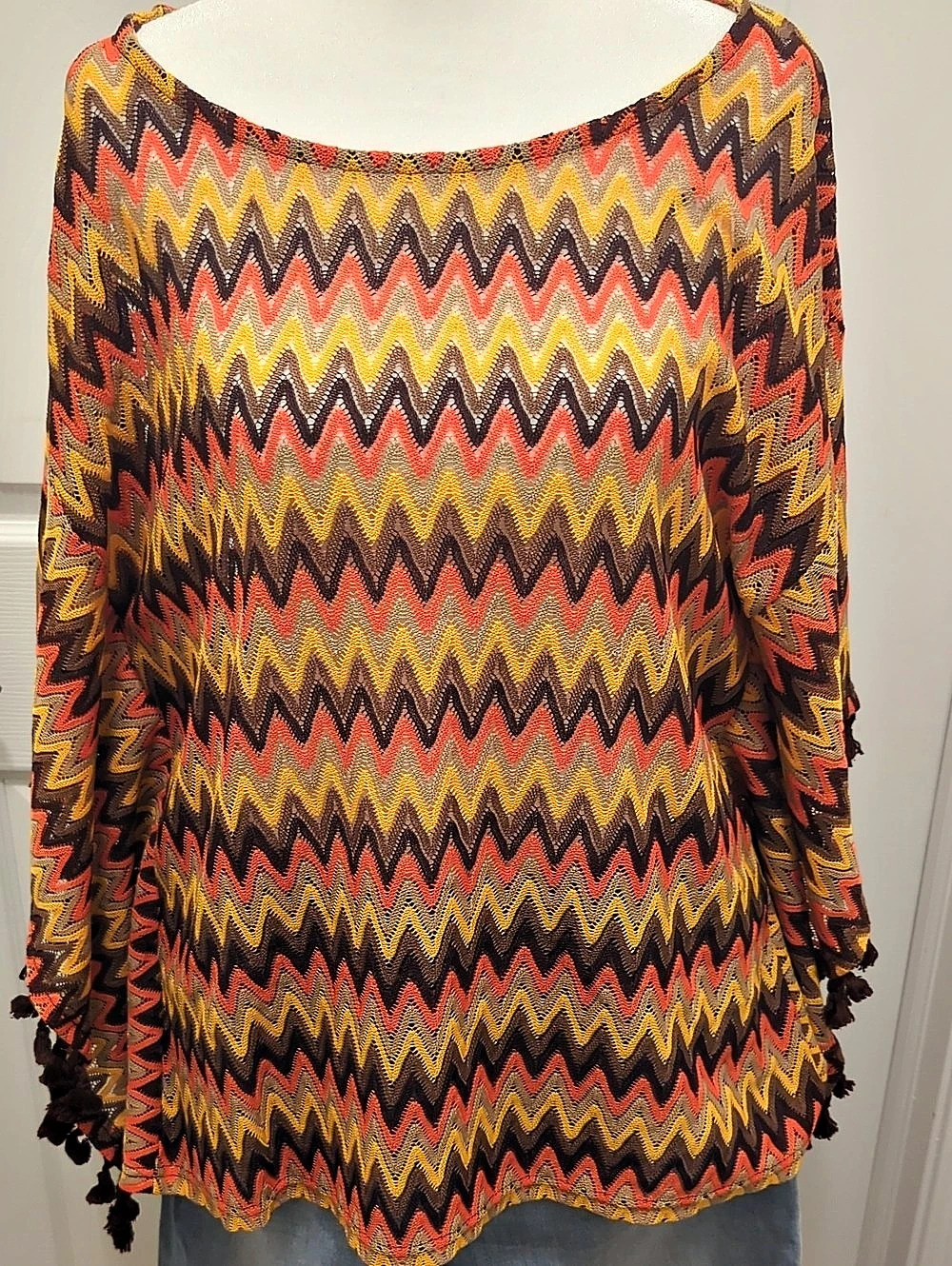 Fall Seasonal Geometric Fringe Tunic in Brown Orange and Yellow. Like New